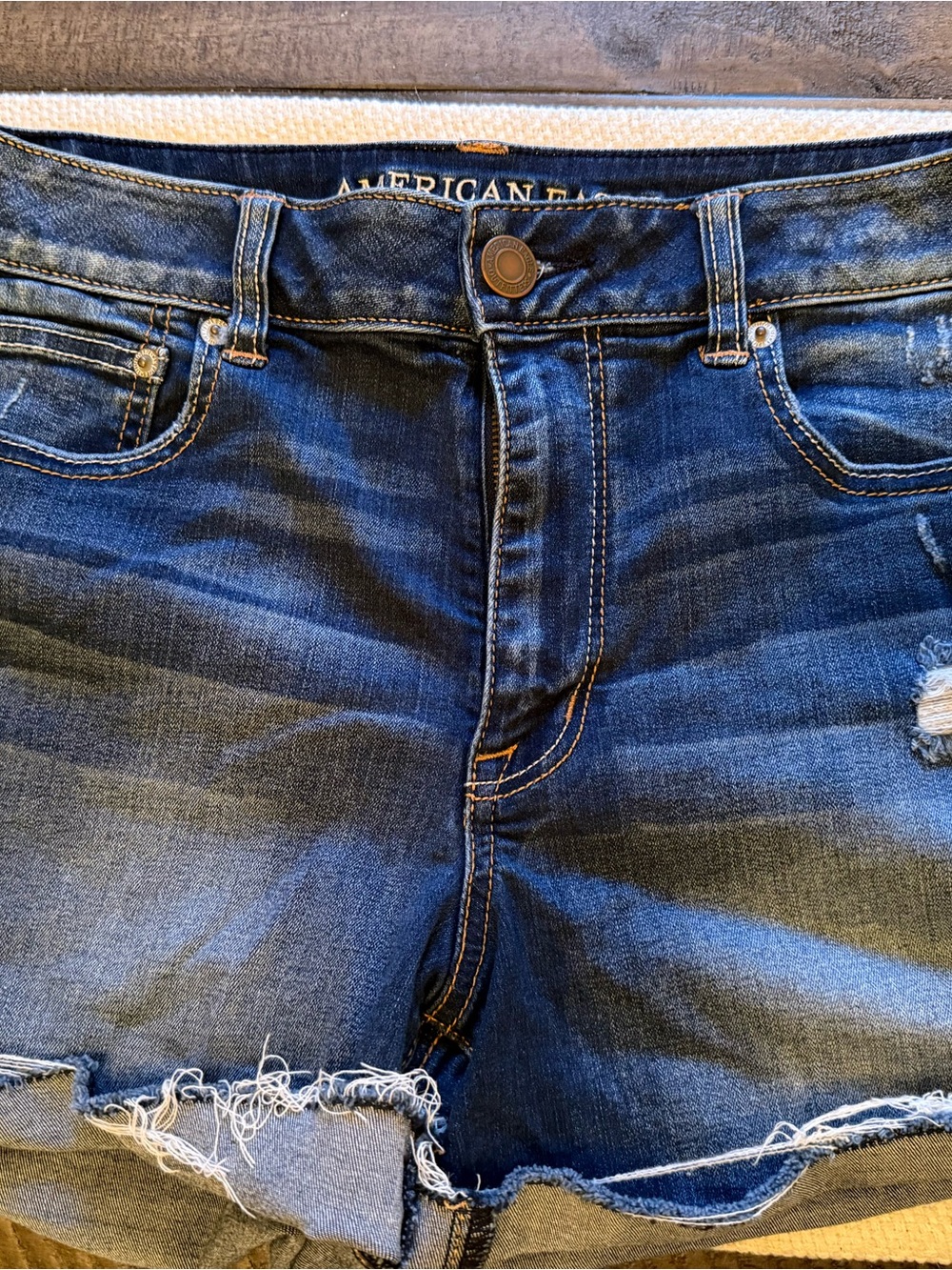 American Eagle Dark Blue Distressed Jean Shorts Super Stretch
